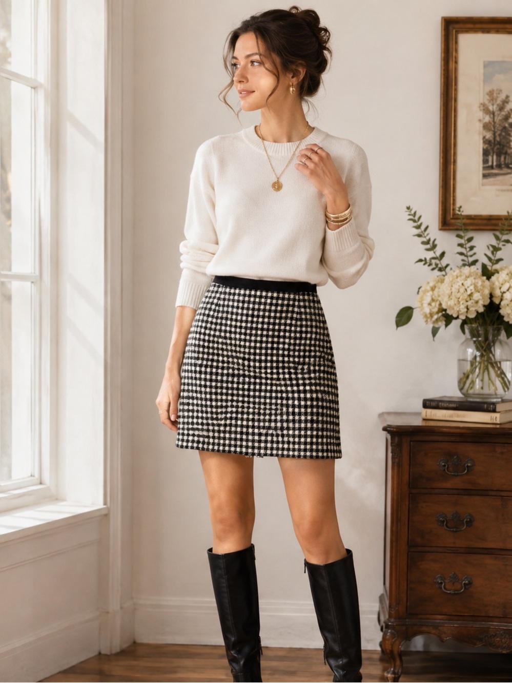 Escada Black‎ and White Houndstooth Skirt